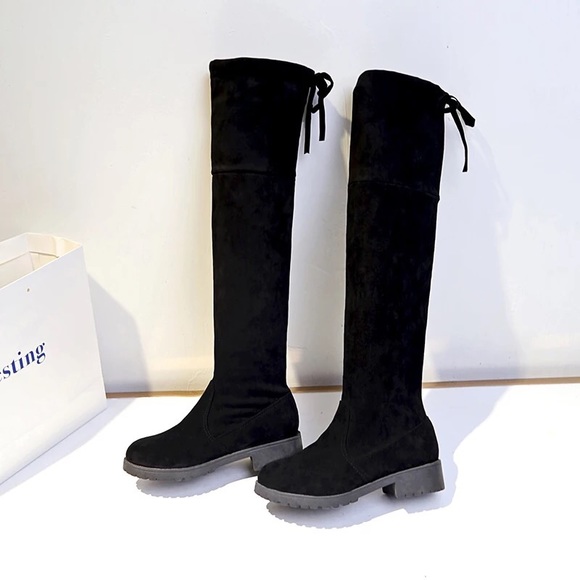 CLEARANCE RESTOCK Vegan Suede Velvet Black Sexy Flat Over Knee Line Boots - Picture 7 of 11